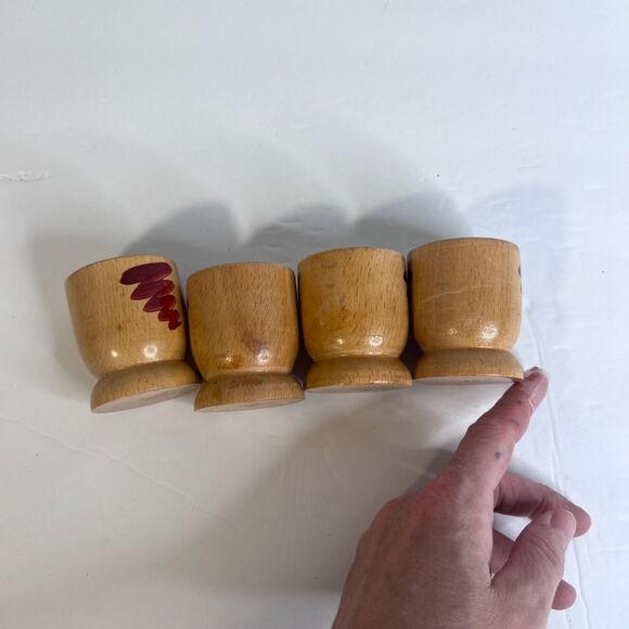 VTG Wooden Hand Painted Faces Egg Cups Holders Displays Kitschy Set of 4 - Picture 3 of 6